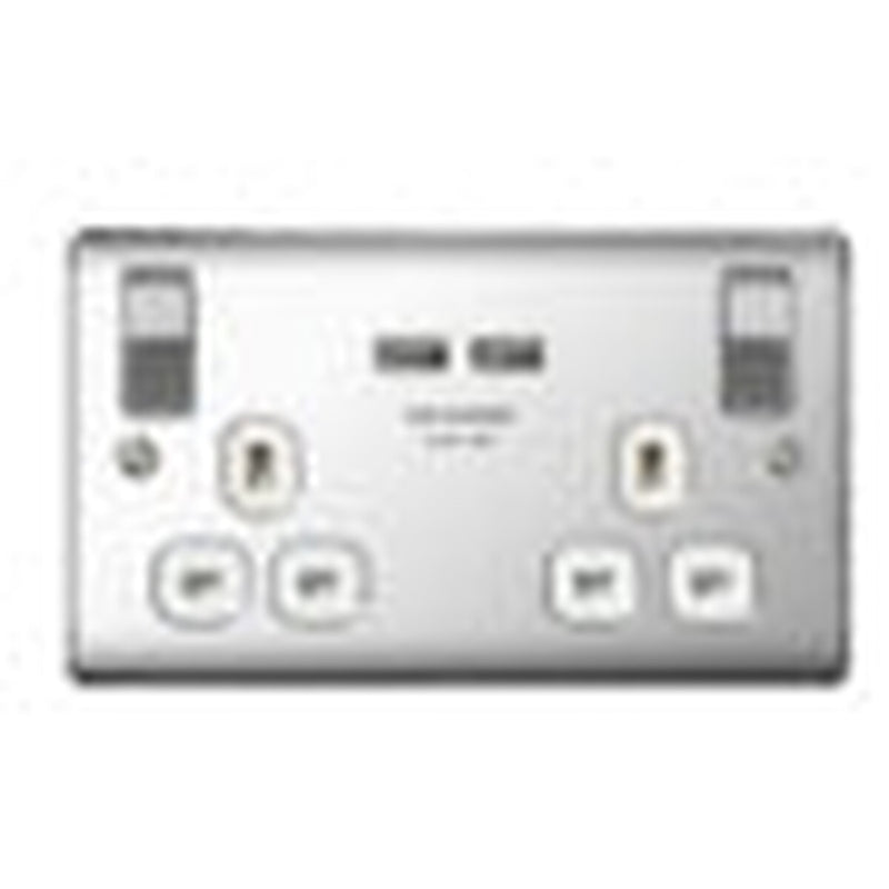BG 13a 2 Gang Switch Socket & USB Polished Chrome With White Inserts