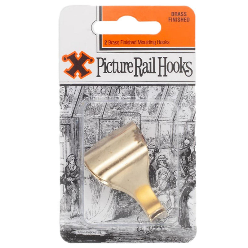 X-Hooks Picture Rail Hangers Brass Finish - Pack of 2 Single Hooks with Screws
