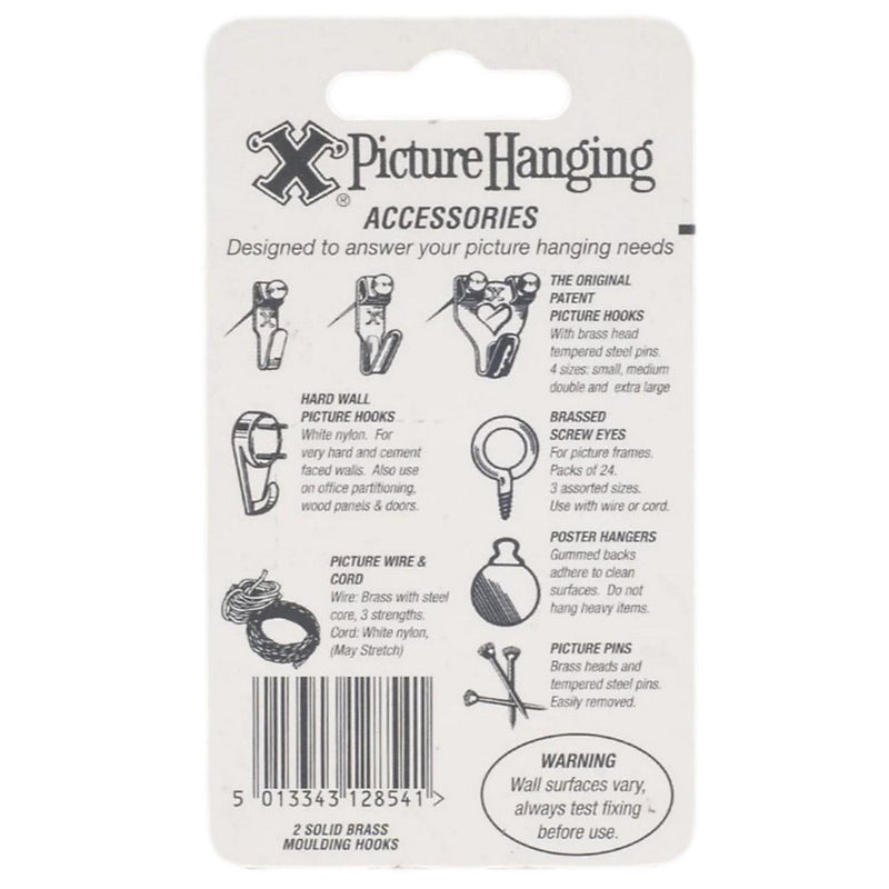 X-Hooks Picture Rail Hangers Brass Finish - Pack of 2 Single Hooks with Screws